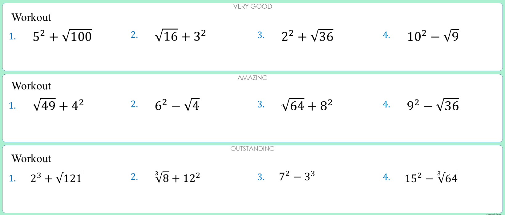 Squares, Cubes and roots calculations