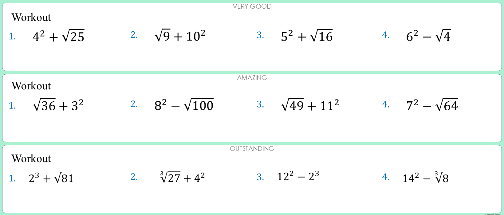 Squares, Cubes and roots calculations