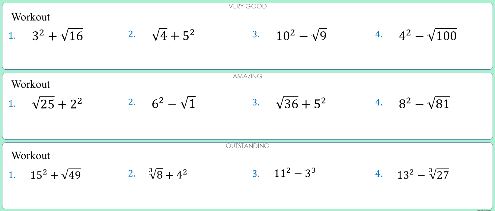 Squares, Cubes and roots calculations